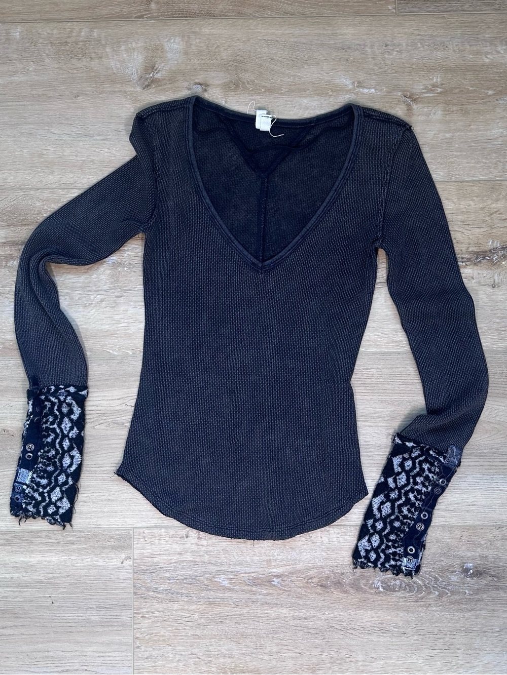 We The Free Black Deep V-Neck Long Sleeve Top with Patterned Cuffs